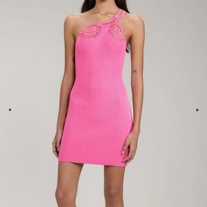 Self-Portrait One Shoulder Lace Ribbed Dress Pink